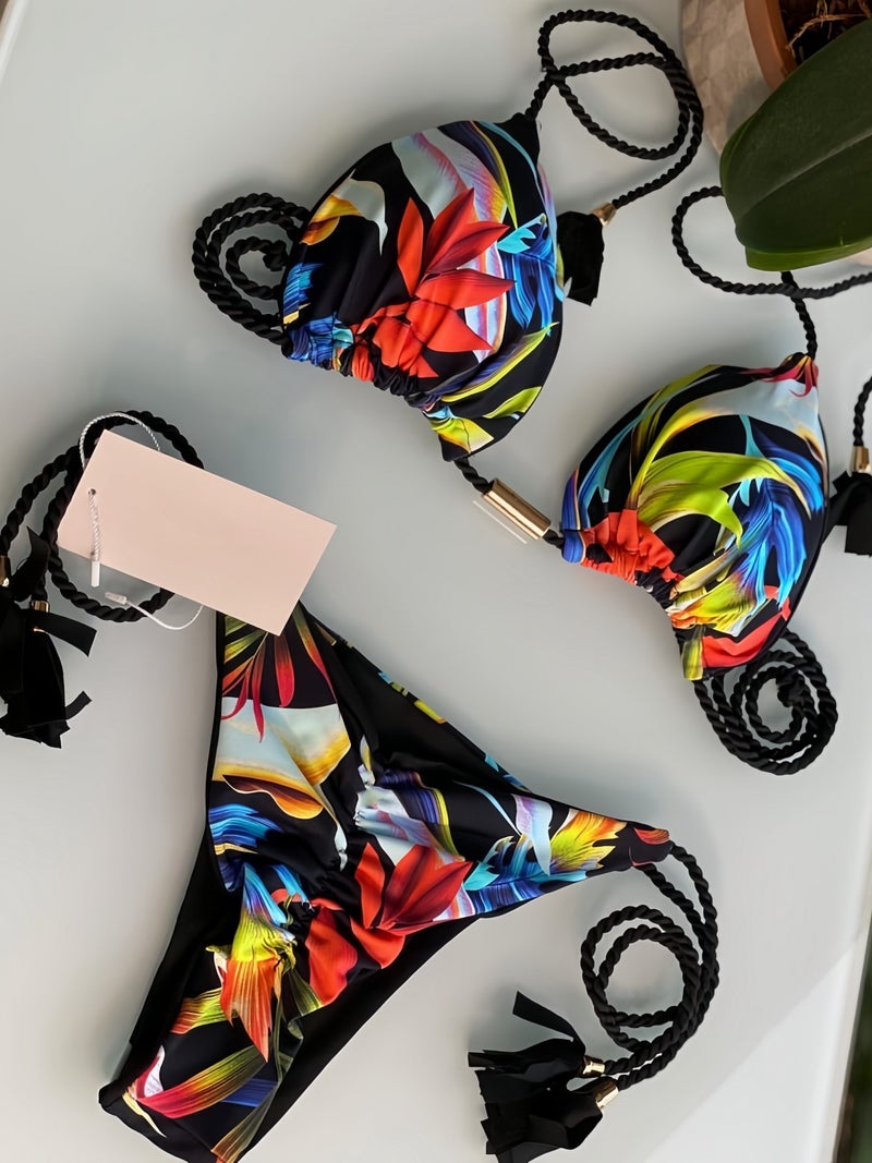 Printed Fabric Rope Bikini Triangle Swimsuit Swimwear - Image 1